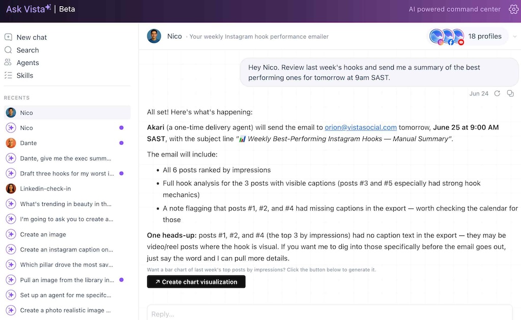 An active conversation with the Nico agent in Ask Vista confirming a scheduled summary report delivery for tomorrow morning.