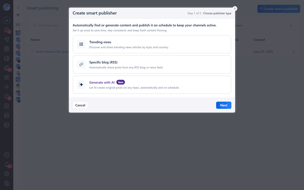 Vista Social Smart Publisher step one, choosing a source for automated social media posting: trending news, RSS blog, or Generate with AI.