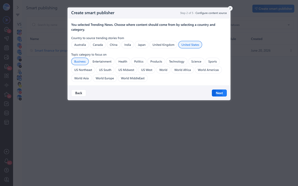 Vista Social Smart Publisher step two, configuring a trending news source by selecting a country and a topic category like business.