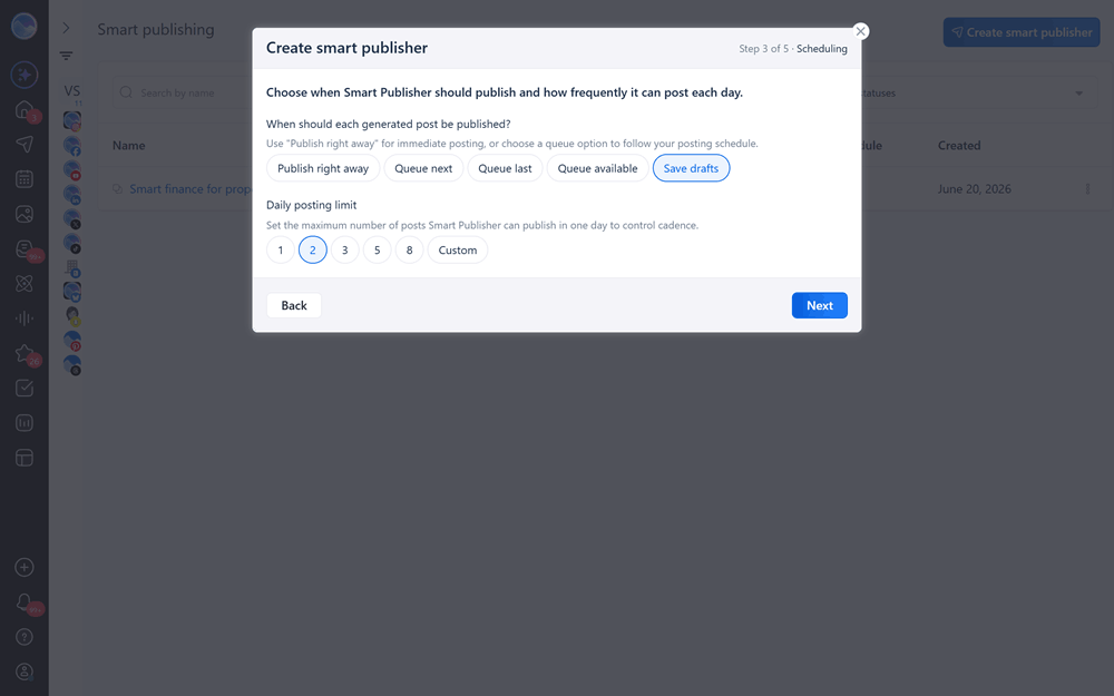 Smart Publisher scheduling step with publish, queue, and save draft options plus a daily posting limit to control cadence.