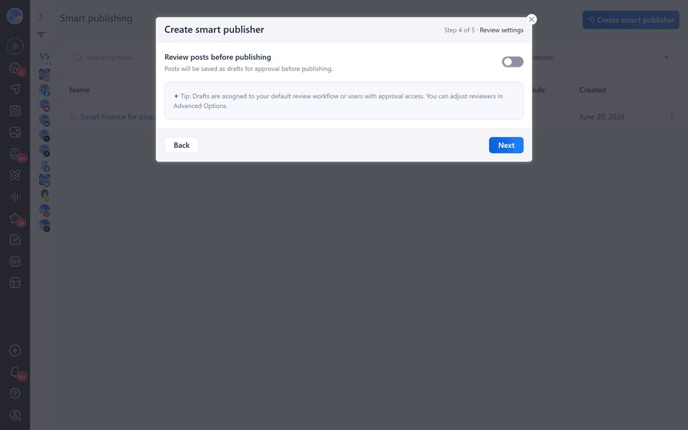 Smart Publisher review step with a toggle to save automated posts as drafts for approval before they publish.