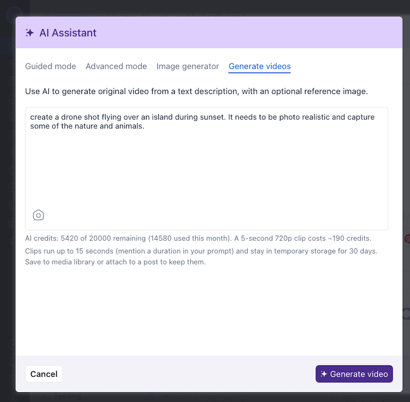 An AI Assistant video generation dashboard interface with a text prompt window for creating original clips.