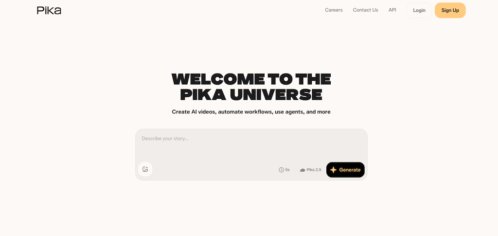 The minimalist homepage interface for Pika 2.5 with a text box reading "Describe your story...".
