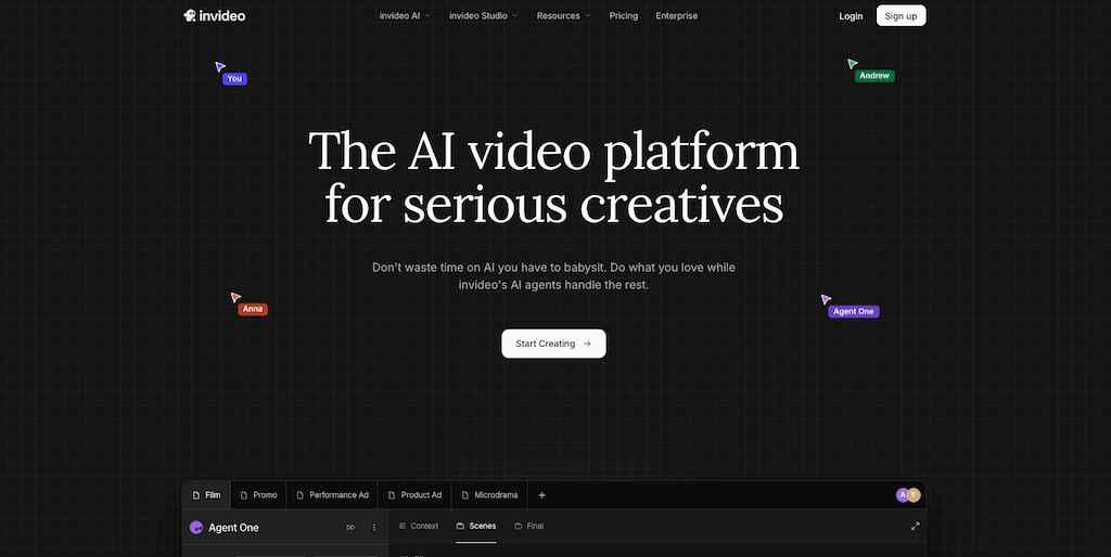The InVideo AI homepage featuring a dark grid background and text reading "The AI video platform for serious creatives."