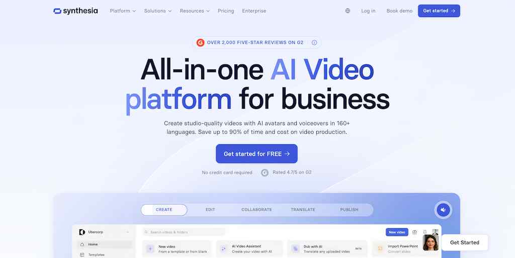 The Synthesia website homepage advertising its all-in-one AI video platform for businesses.