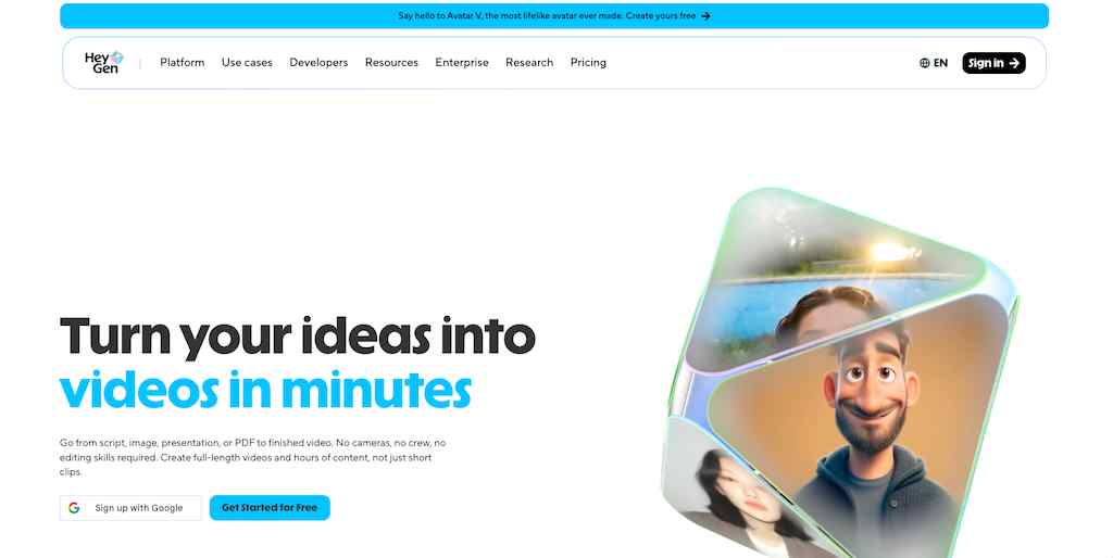 The HeyGen website homepage features a 3D geometric shape with multiple AI human avatar faces.