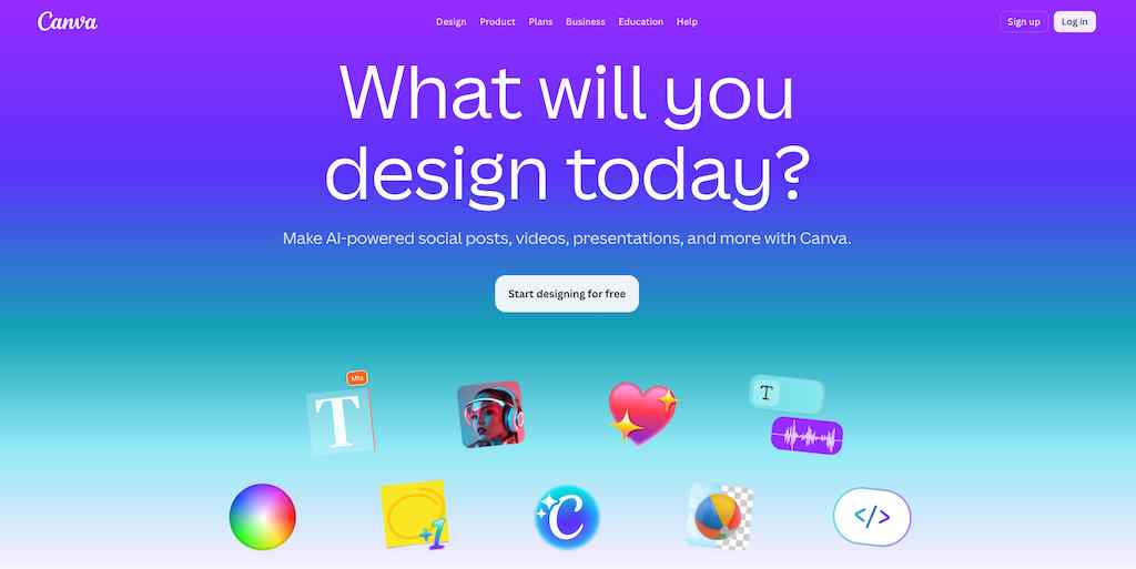 The Canva homepage with a purple and blue gradient background asking "What will you design today?"