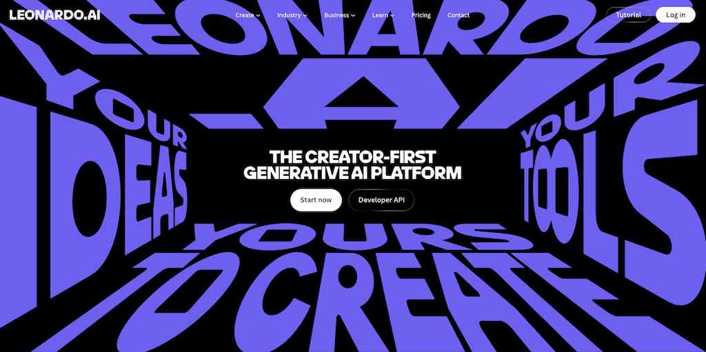 The Leonardo.AI homepage with bold purple lettering reading "Your ideas, your tools to create."
