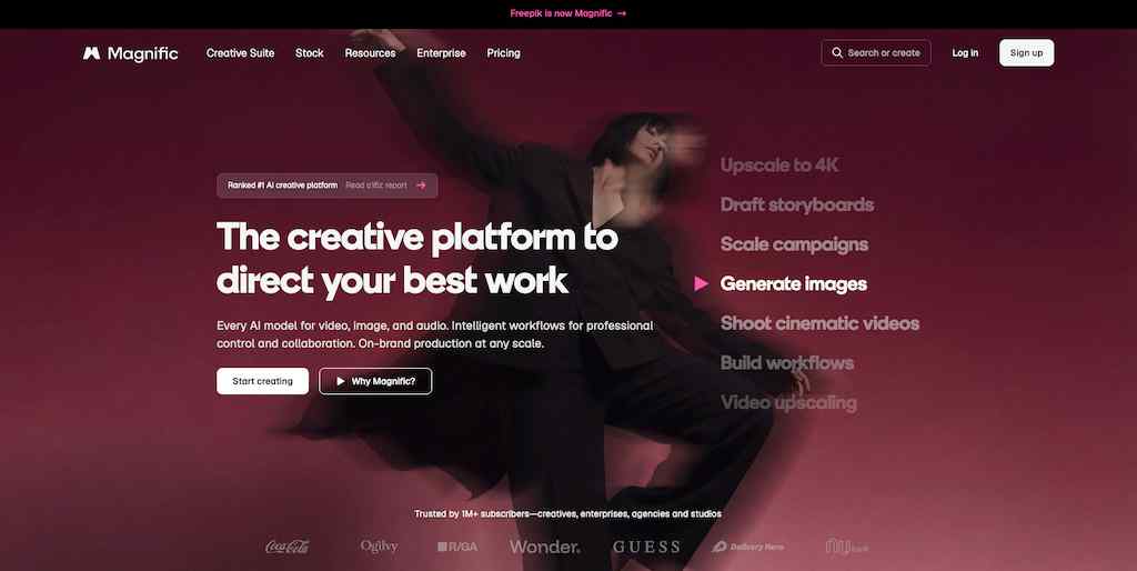 The Magnific website homepage showing a blurred artistic photo of a person dancing against a dark red backdrop.