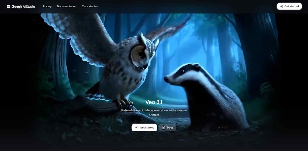Google AI Studio landing page for Veo 3.1, featuring a cinematic illustration of an owl and a badger in a forest.