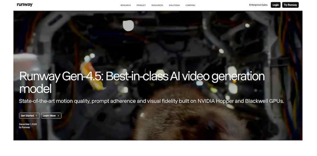The homepage for Runway Gen-4.5 showcasing its state-of-the-art AI video generation capabilities.