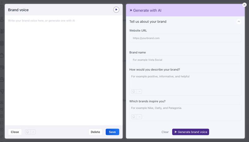 The internal "Generate with AI" settings menu inside Vista Social used to create and define a unique brand voice.