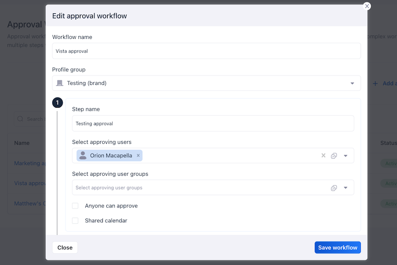 An "Edit approval workflow" interactive modal window showing custom step names and user routing settings.
