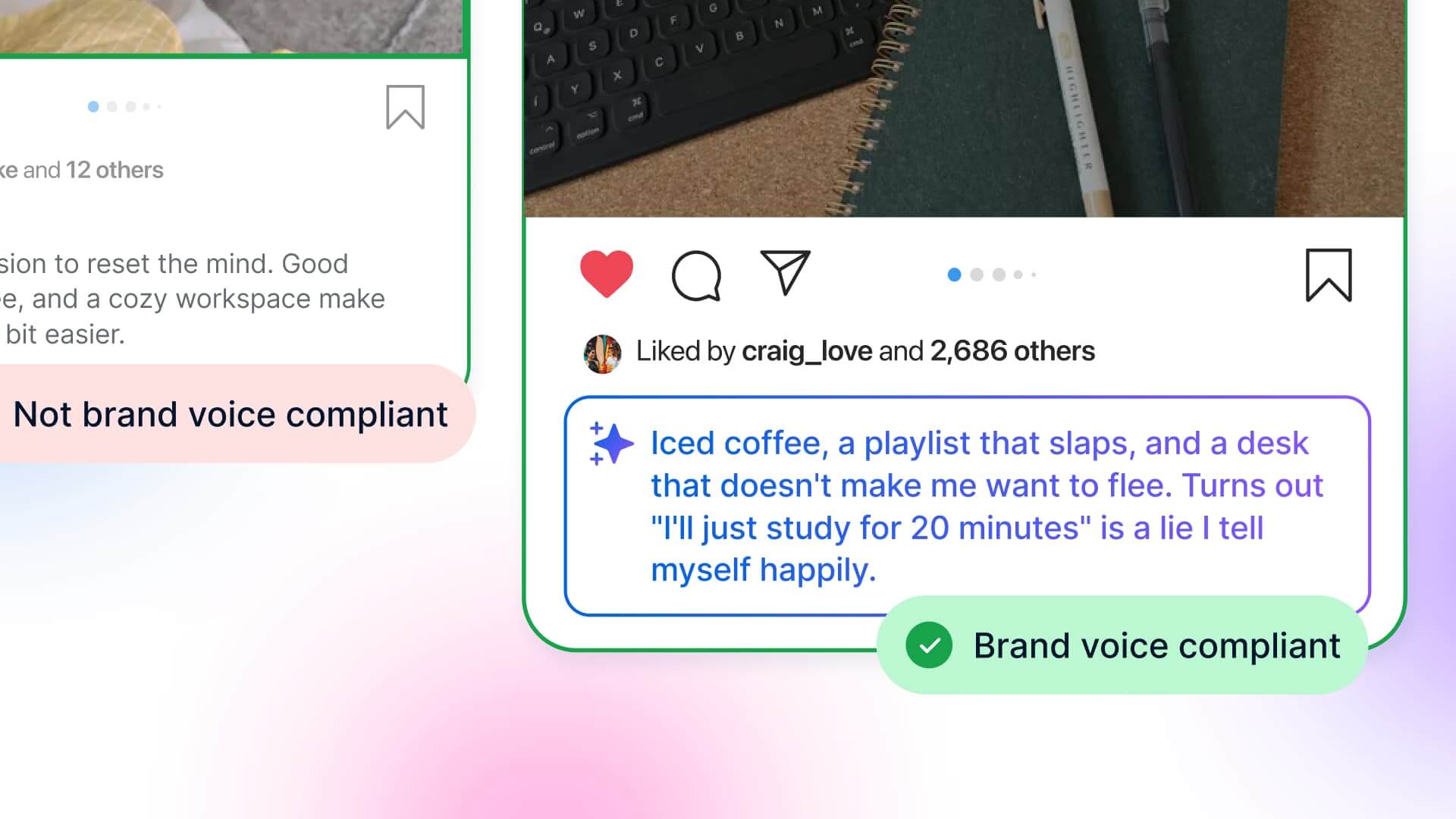 Side-by-side comparison of an Instagram caption marked "Not brand voice compliant" versus one marked "Brand voice compliant".