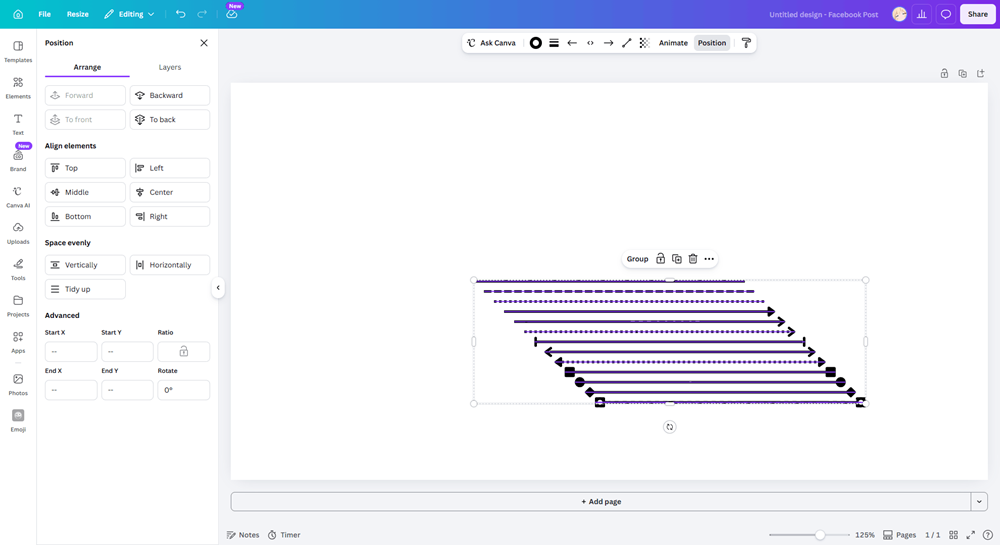 Canva's Position panel showing Tidy Up and alignment options with grouped elements on the canvas.