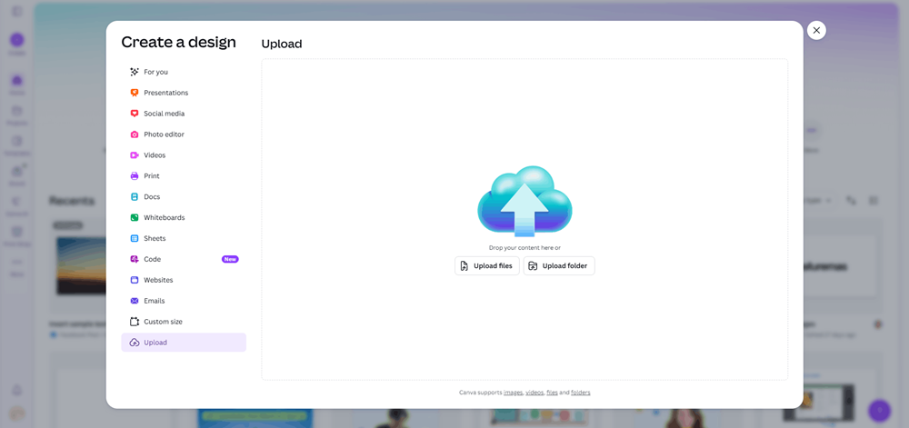 Canva's upload dialog for importing files, used for the upload-PDF-to-edit canva hack.