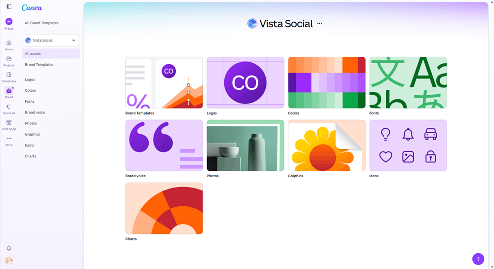 Vista Social's Brand Kit page in Canva showing brand templates, logos, colors, and fonts.