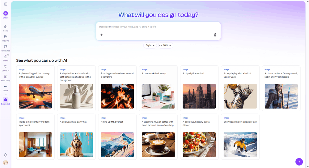 Canva's Dream Lab AI image generator interface with prompt field and sample outputs.
