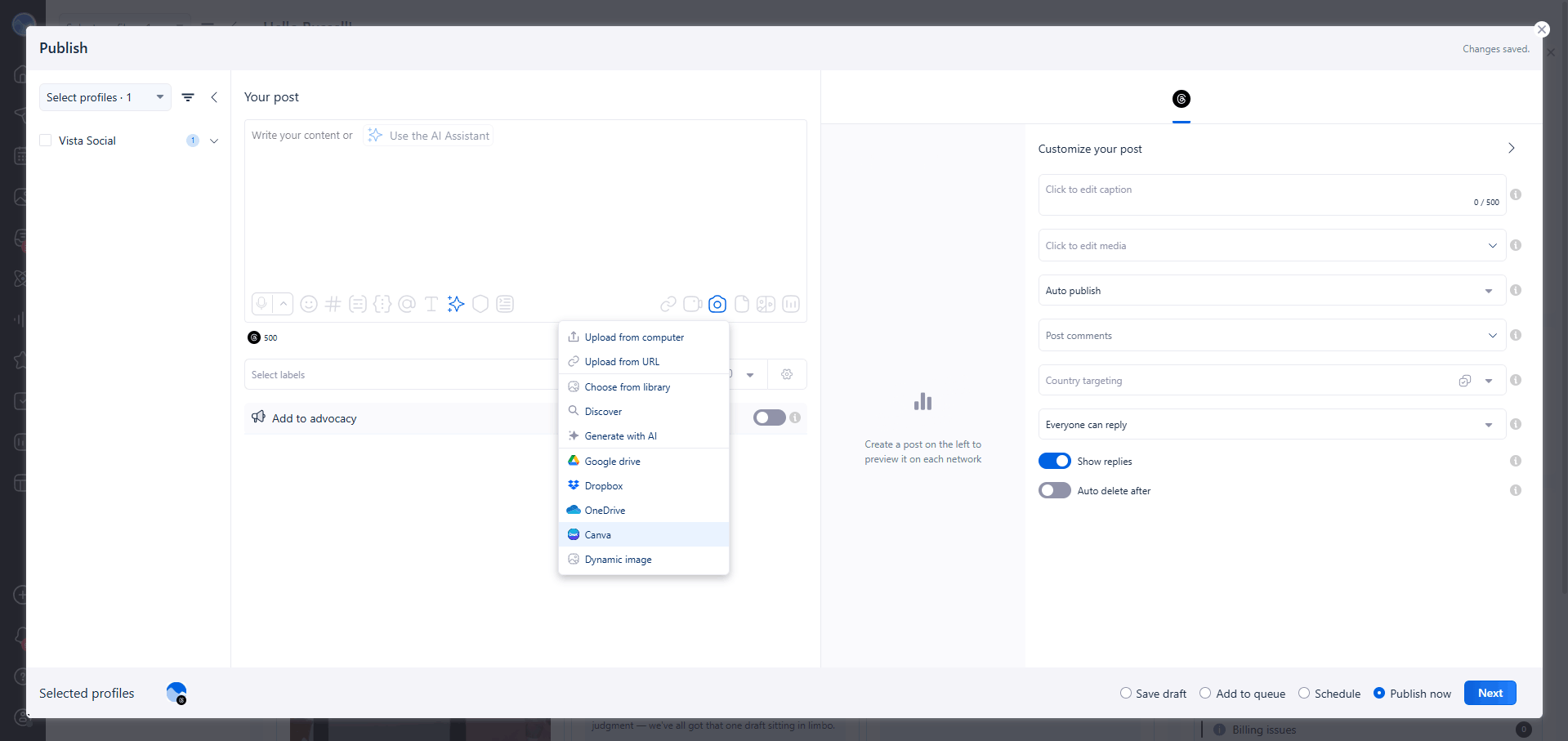 Vista Social's publisher showing the Canva option in the media upload menu for direct integration.