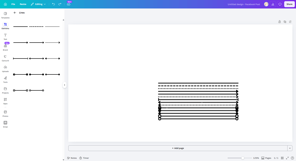 Canva's Elements panel showing line options, demonstrating the L keyboard shortcut for quick access.