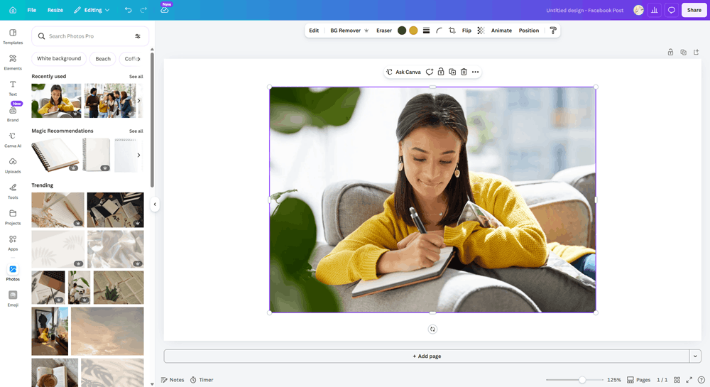 Canva editor with BG Remover tool highlighted in the toolbar for the duplicate-and-background-remove hack.