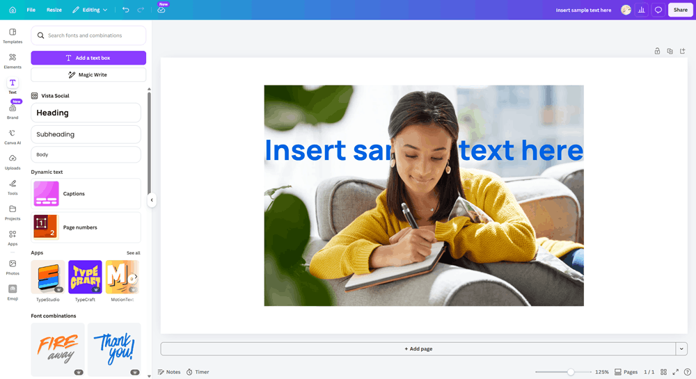 Text layer placed over a photo in Canva, showing the depth effect with text between foreground and background.