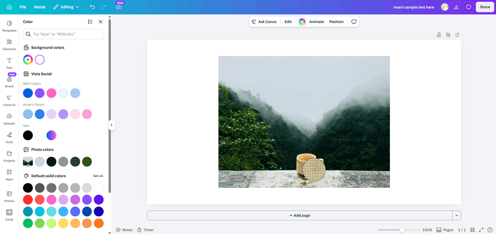 Canva's color panel displaying brand colors, photo colors, and the eyedropper tool for palette building.