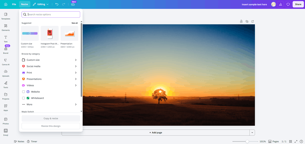 Canva's Magic Switch resize panel showing size categories like Social media, Print, and Videos.