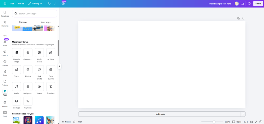Canva's Apps panel showing tools like Bulk create, Magic Media, Translate, and Captions.