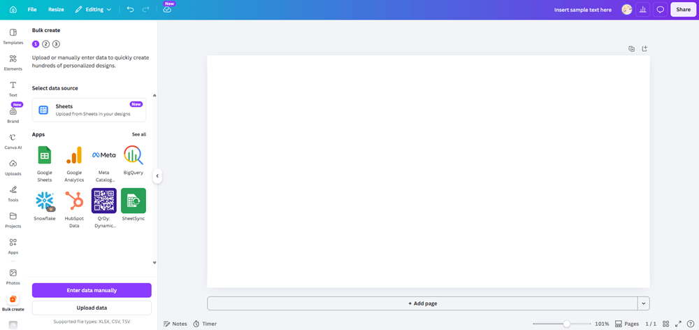 Canva's Bulk Create panel with data source options for generating personalized designs at scale.