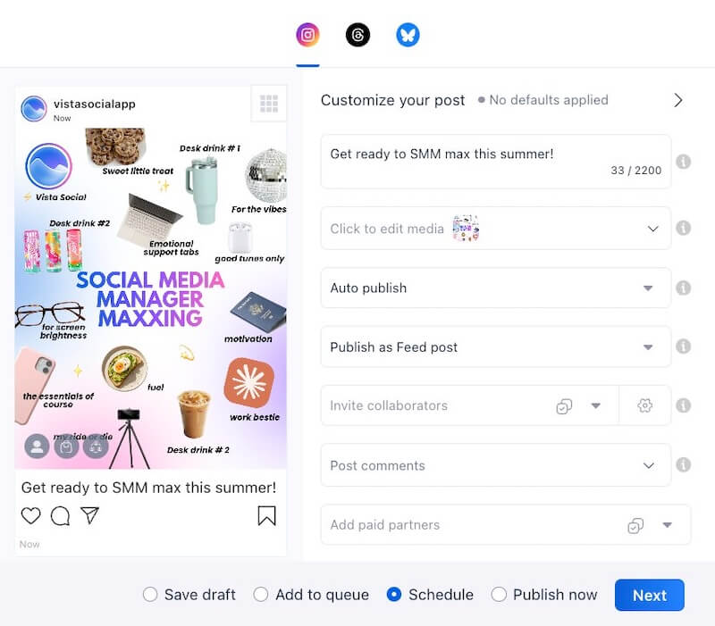 The Vista Social post editor window showing an image collage preview alongside text customization fields.