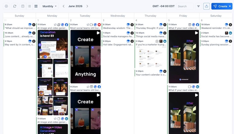 A monthly content calendar view inside Vista Social showing scheduled image and video posts across different weekdays.