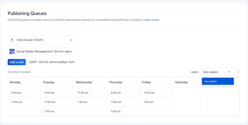 The publishing queues settings dashboard within Vista Social displaying predefined time slots organized by days of the week.