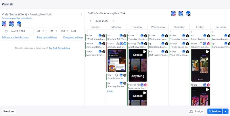 The native multi-channel publishing calendar screen in Vista Social displaying individual scheduled post previews.