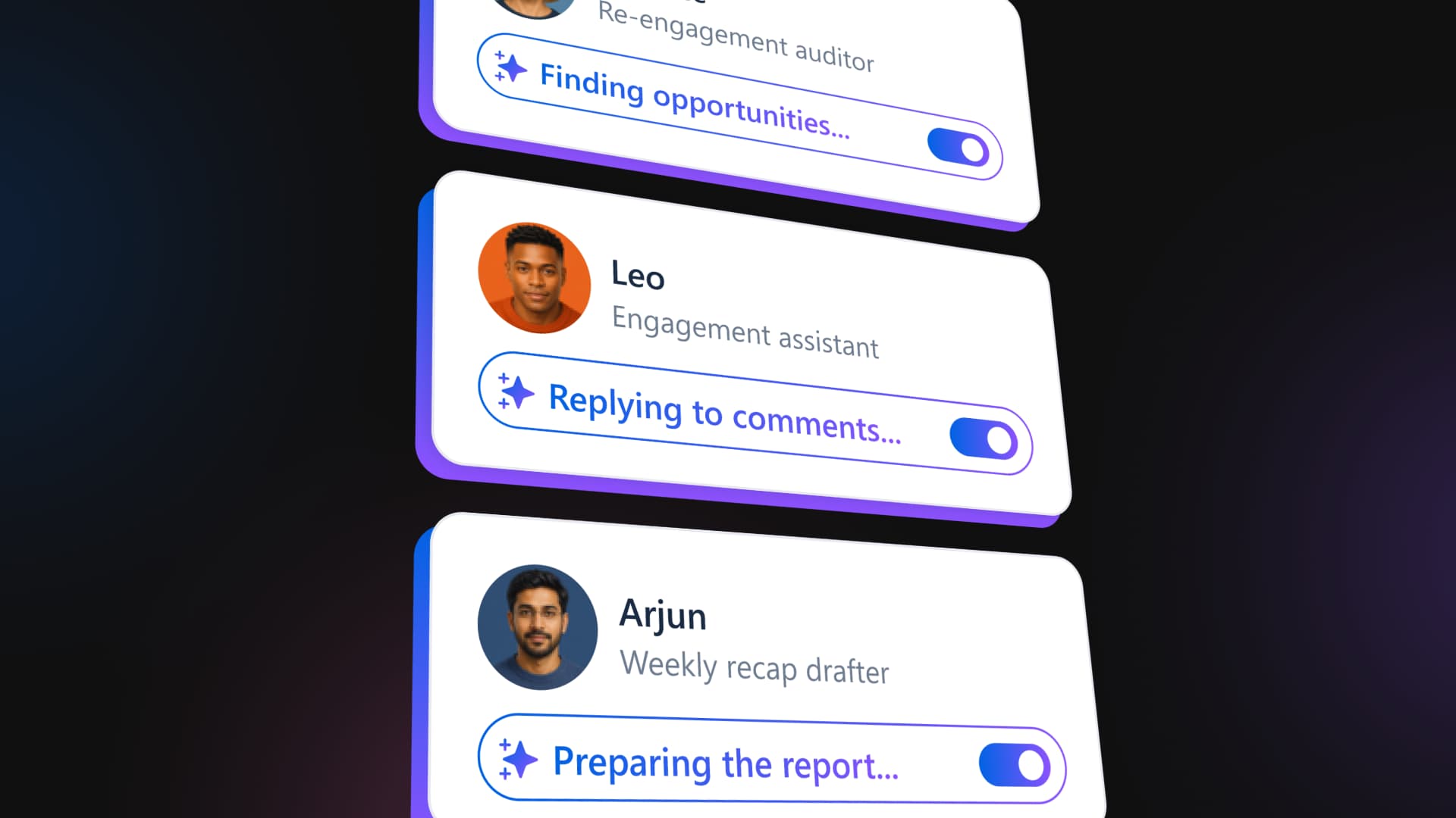 A digital collage showing a close-up of vertical AI agent cards tracking active task status bars with toggle switches.