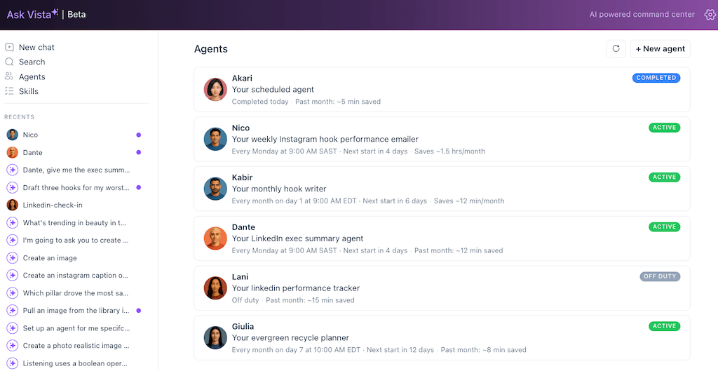 The Ask Vista dashboard displaying a list of custom AI agents like Akari, Nico, Kabir, Dante, Lani, and Giulia.