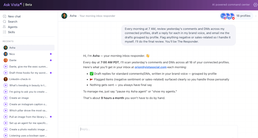 An active chat window config for Asha, a morning inbox responder agent in Ask Vista automated to scan comments and DMs.