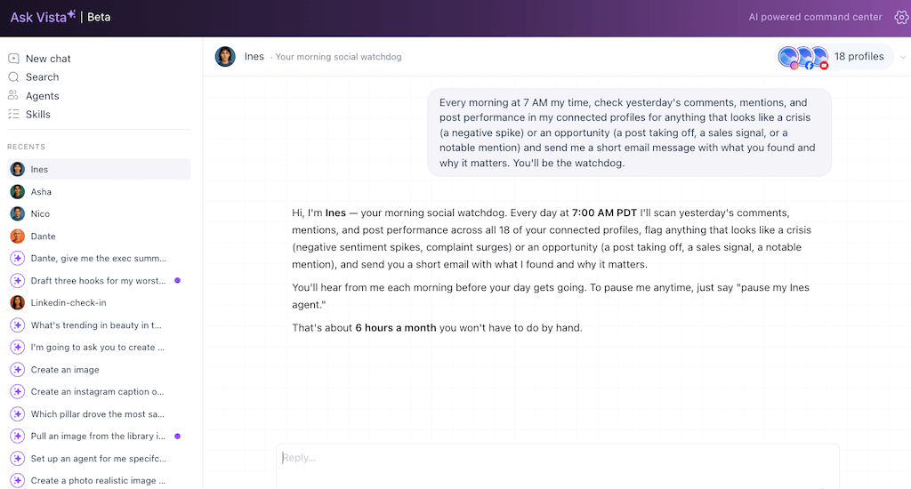 An interactive chat description for Ines, an automated morning social watchdog agent built to monitor crisis spikes.