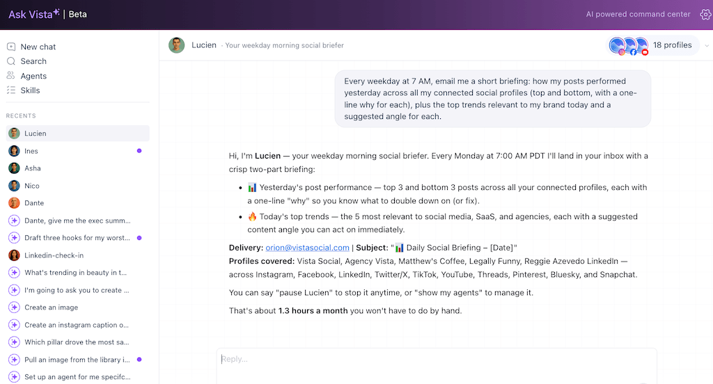 The detailed briefing agent overview for Lucien, a weekday morning social brierfer providing trend metrics.