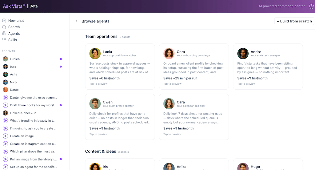 The Browse Agents dashboard category layout for Team Operations displaying cards for Lucia, Cora, Andre, Owen, and Cara.