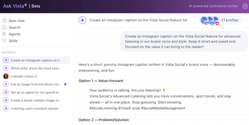 The Ask Vista AI assistant chat interface showing generated Instagram caption options for an advanced listening feature.