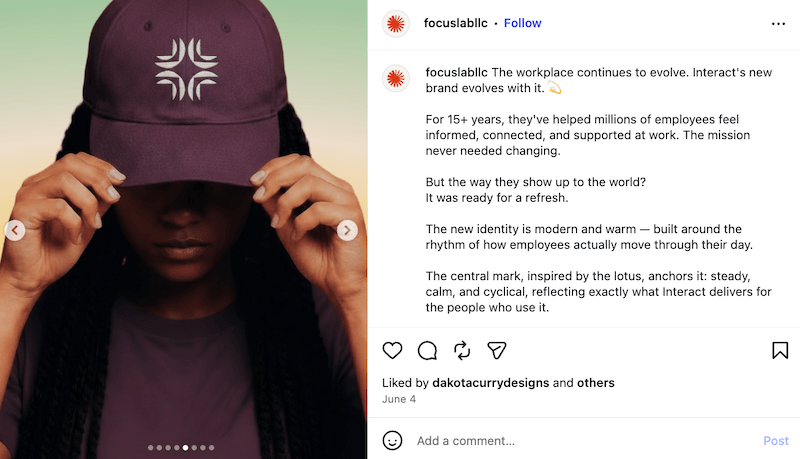 An Instagram close-up photo of a person pulling down the brim of a maroon baseball cap featuring a white logo.