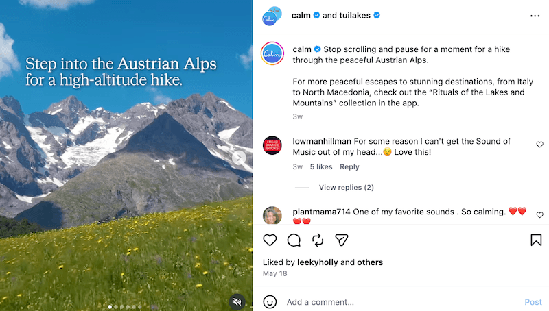 An Instagram post from Calm showing a beautiful green meadow in front of the snow-capped Austrian Alps.