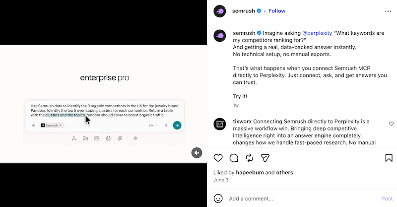 An Instagram post screenshot showing the Semrush and Perplexity partnership announcement with accompanying comments.