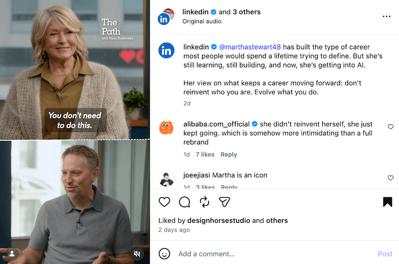 An Instagram post showing a portrait of Martha Stewart in an interview.