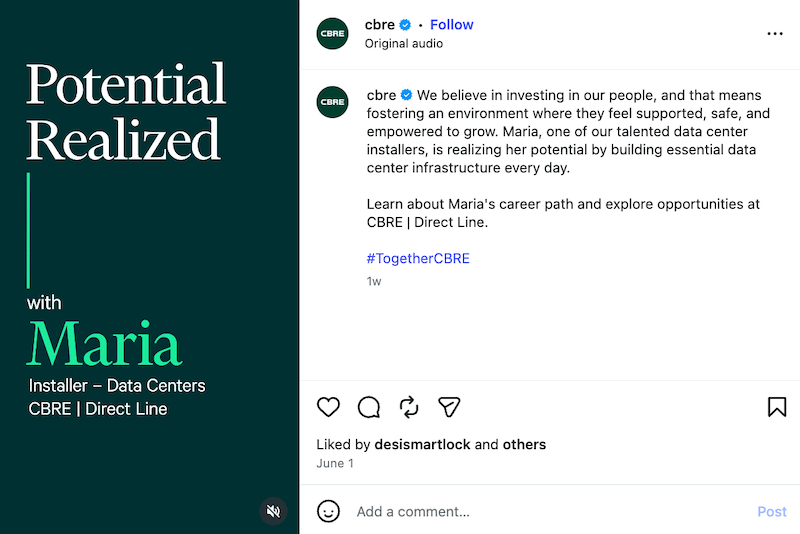 An Instagram post graphic from CBRE titled "Potential Realized with Maria, Installer – Data Centers".