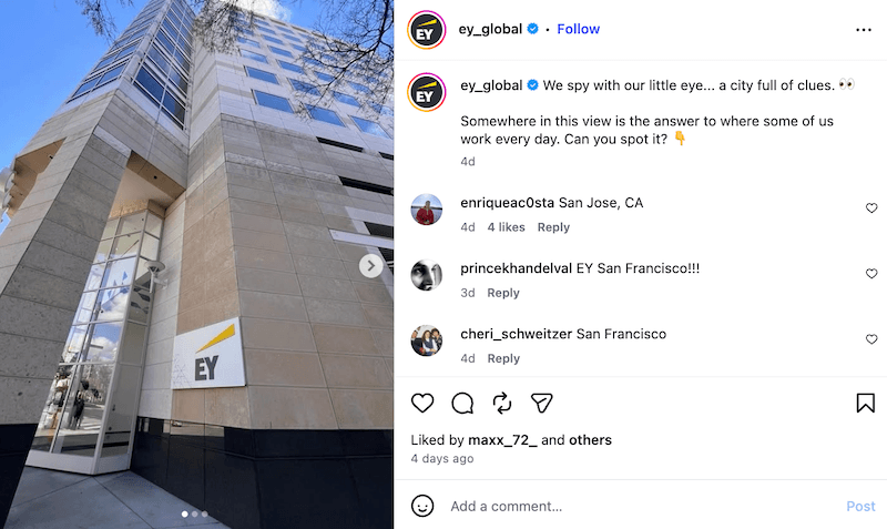 An Instagram photo looking up at a modern, multi-story office building with an EY company sign at the base.