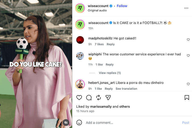An Instagram video screenshot of a group on a soccer field, with a woman holding a mic.