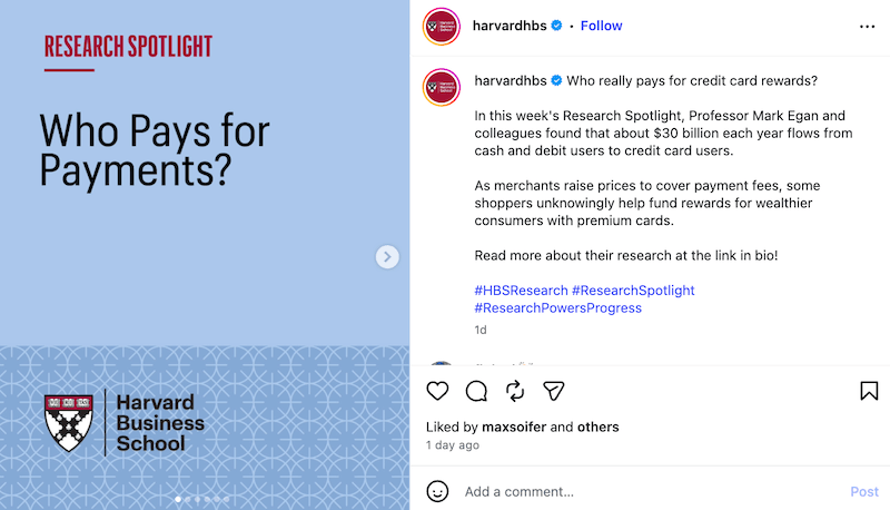 An Instagram slide from Harvard Business School titled "Research Spotlight: Who Pays for Payments?"