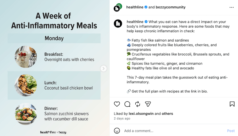 An Instagram meal infographic from Healthline displaying a list of anti-inflammatory dishes for Monday.